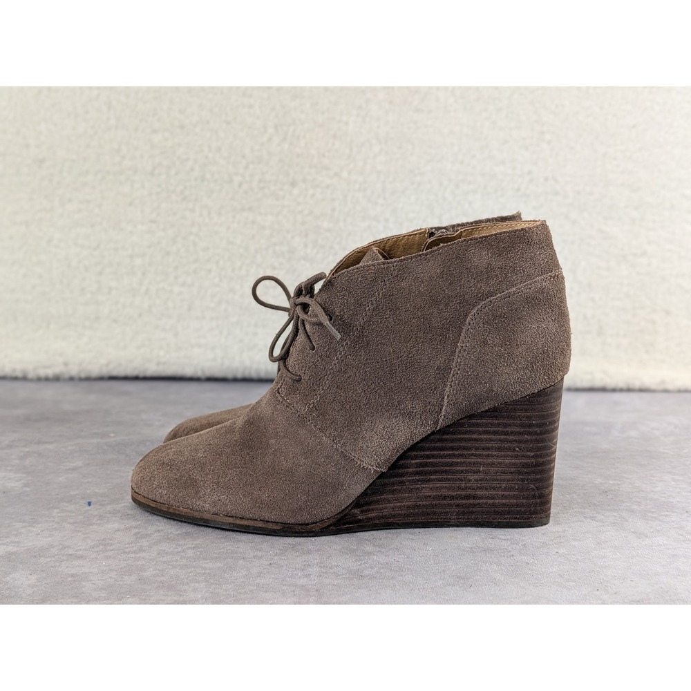 Lucky Brand Shylow Taupe Suede Wedge Ankle Booties Womens 9.5 M Lace Up Side Zip